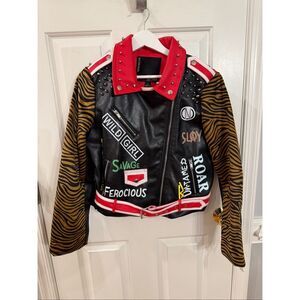 Robert Phillipe Wild Girl Studded Tiger Back Faux Leather Moto Jacket sz L NWOT